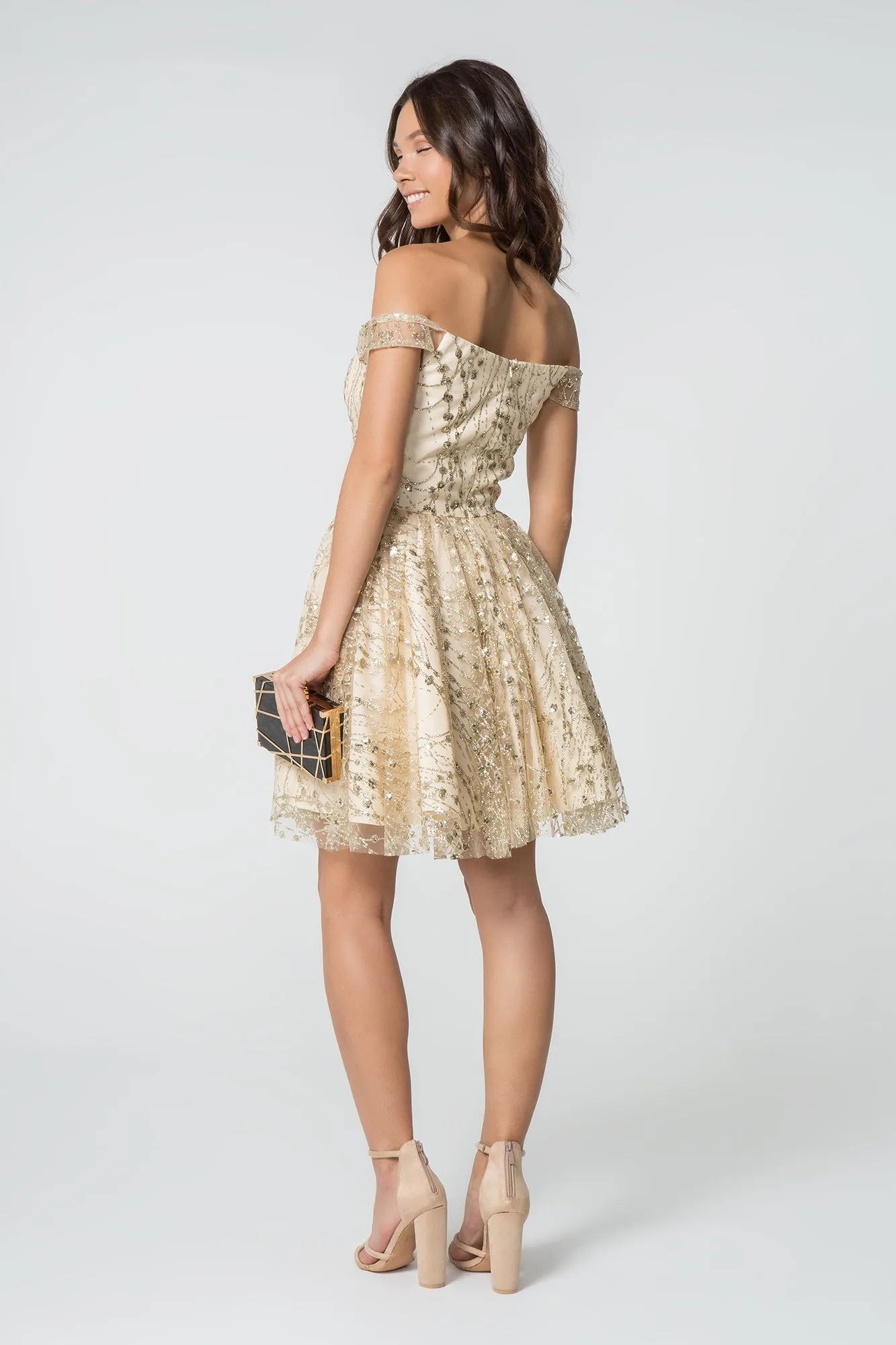 Jewel and Sequin Embellished Glitter Mesh Short Dress