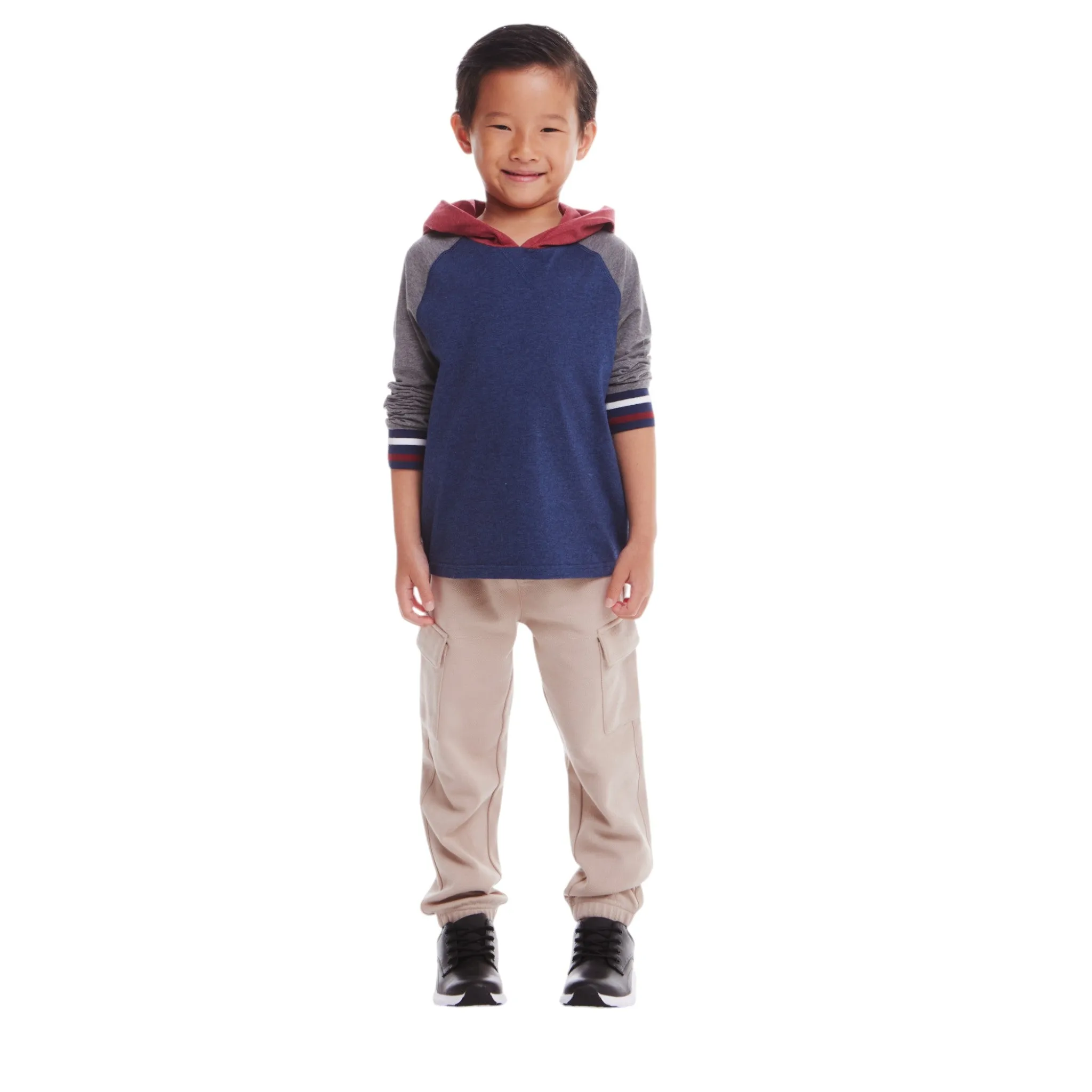 Kids Hooded Colorblocked Jersey Tee & Jogger Set | Red Navy & Heather Grey