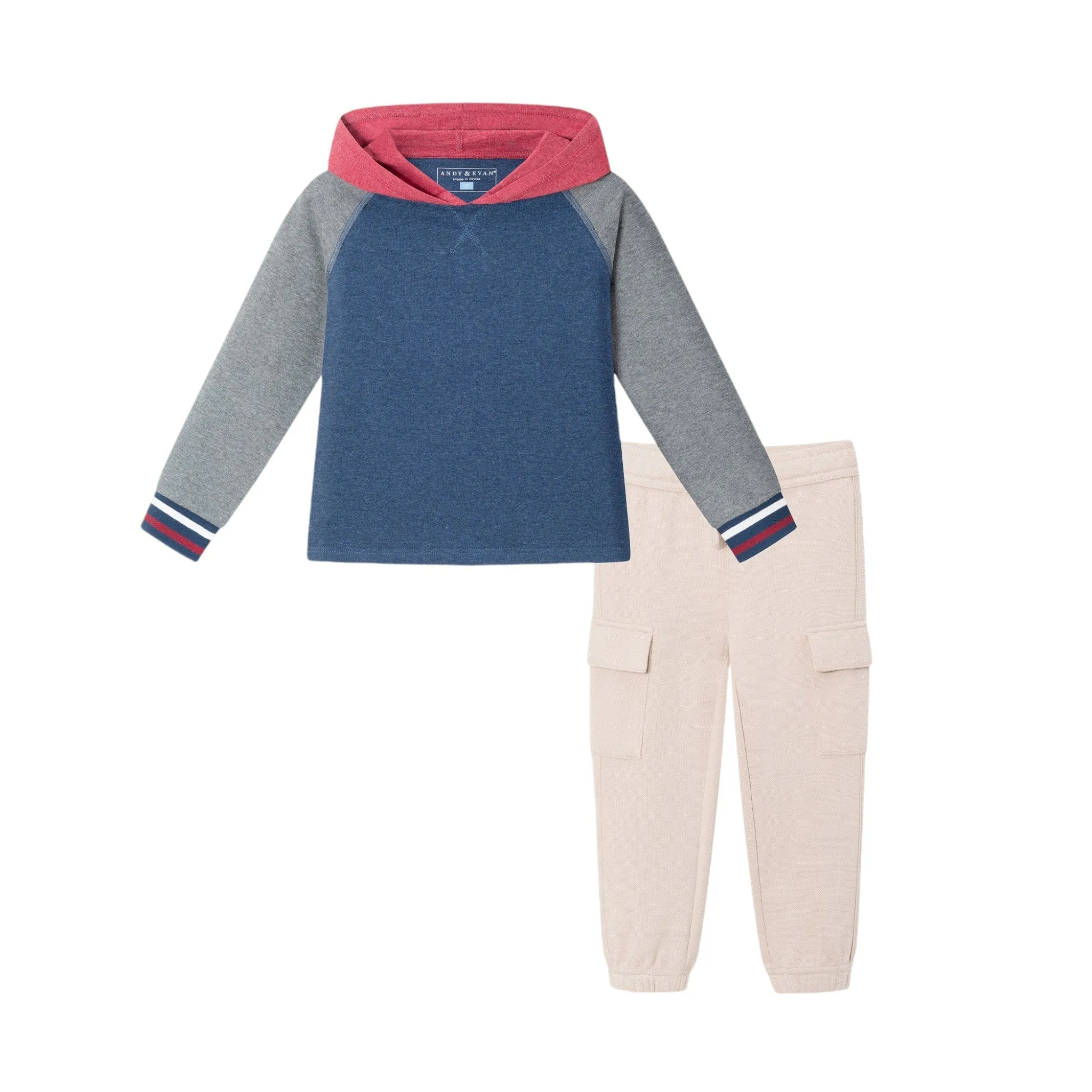 Kids Hooded Colorblocked Jersey Tee & Jogger Set | Red Navy & Heather Grey