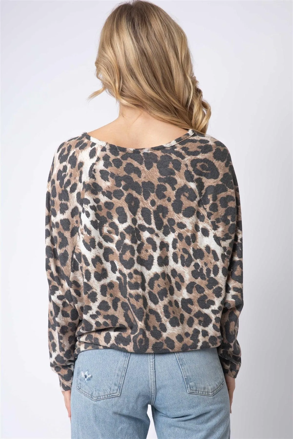 Leopard Print Waffle Knit Dolman Midi Sleeve Top