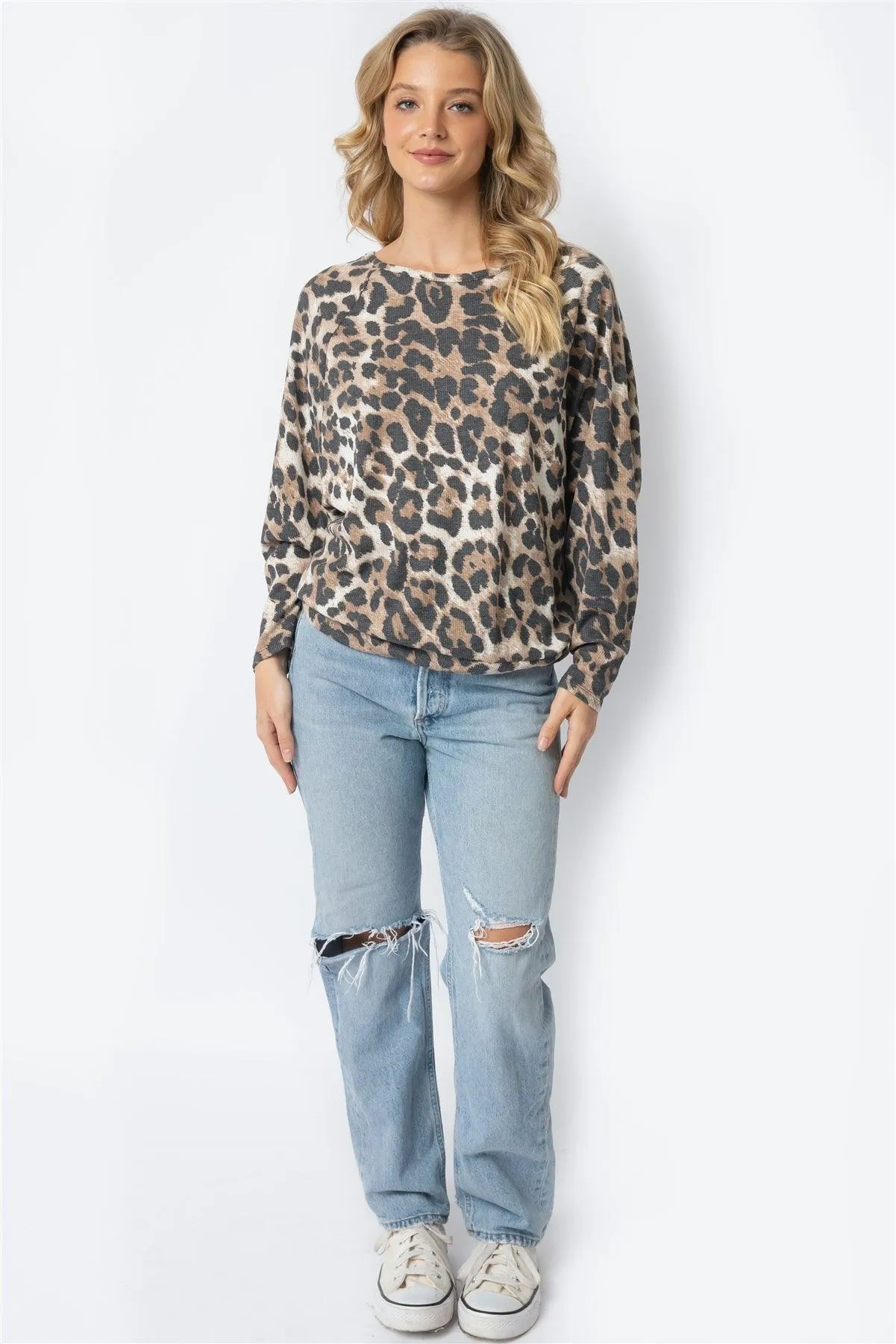 Leopard Print Waffle Knit Dolman Midi Sleeve Top