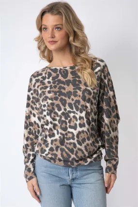 Leopard Print Waffle Knit Dolman Midi Sleeve Top