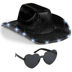 Light Up Cowboy Hat for Women - Black Holographic Space Cowgirl Hat with Glasses - FUNCREDIBLE