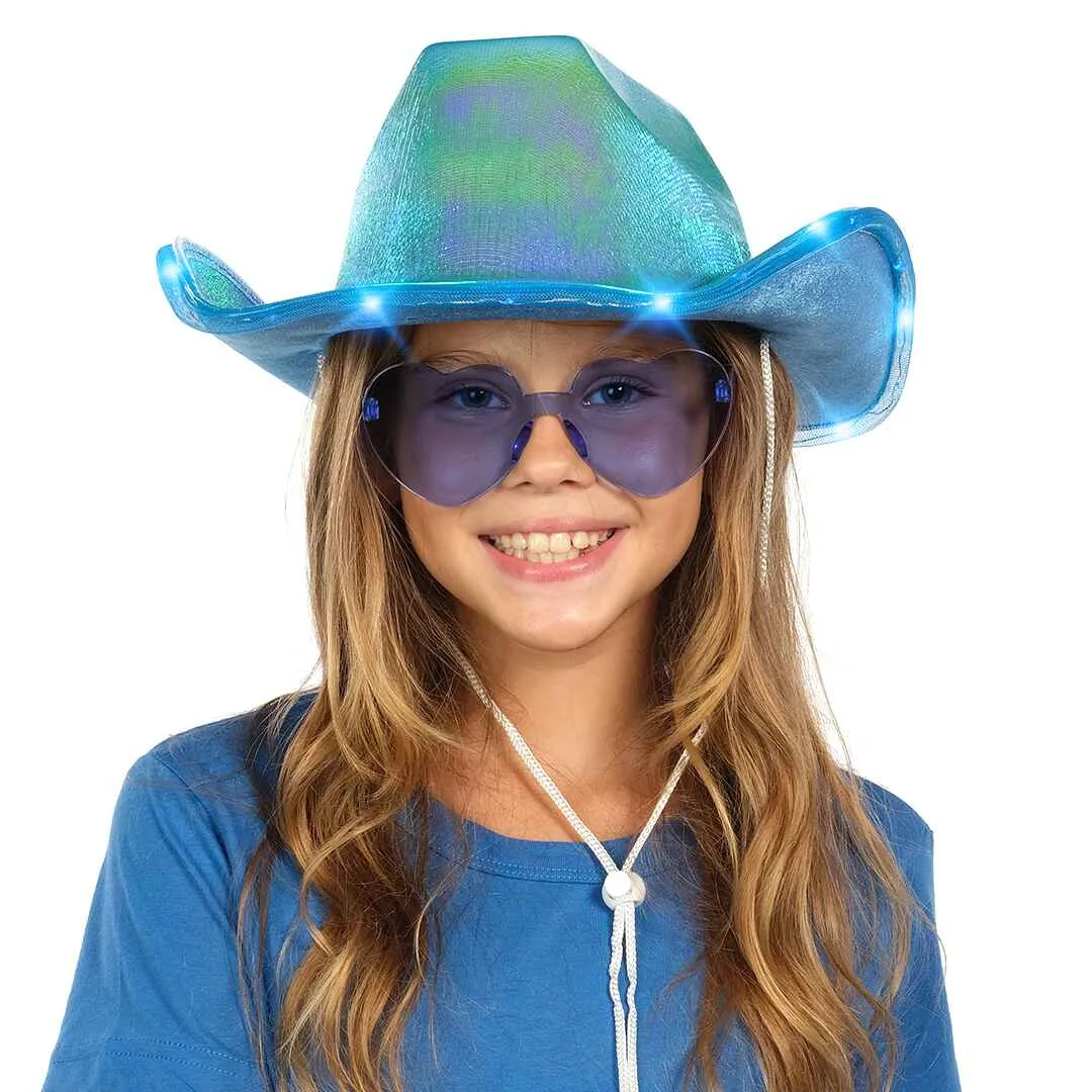 Light Up Cowboy Hat for Women - Blue Holographic  Space Cowgirl Hat with Glasses - FUNCREDIBLE