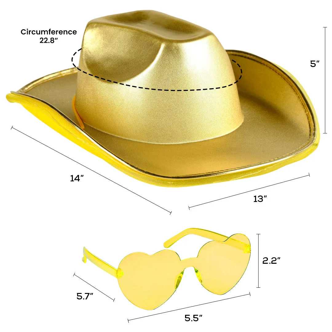 Light Up Cowboy Hat for Women - Gold Holographic Space Cowgirl Hat with Glasses - FUNCREDIBLE