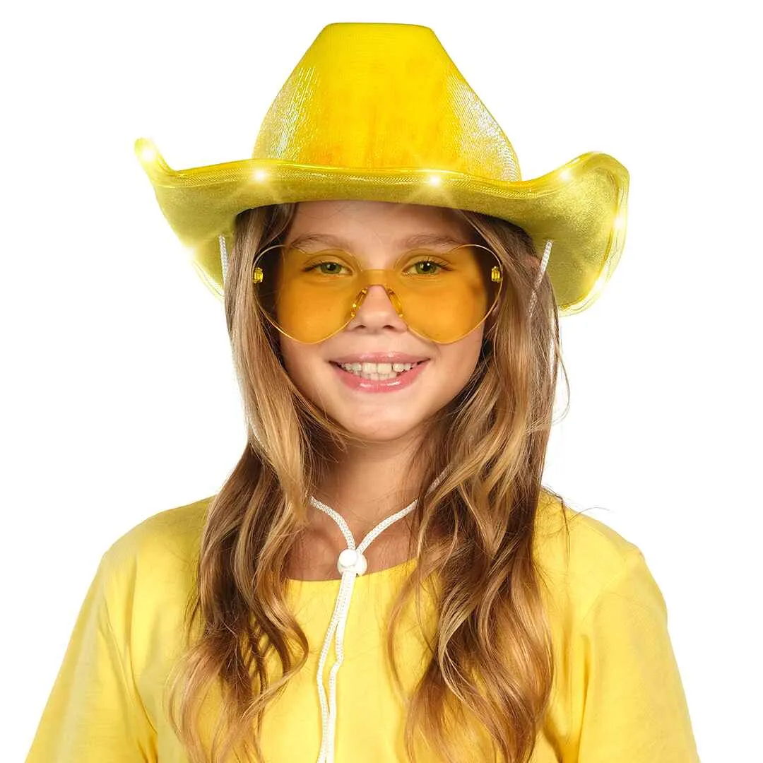 Light Up Cowboy Hat for Women - Gold Holographic Space Cowgirl Hat with Glasses - FUNCREDIBLE