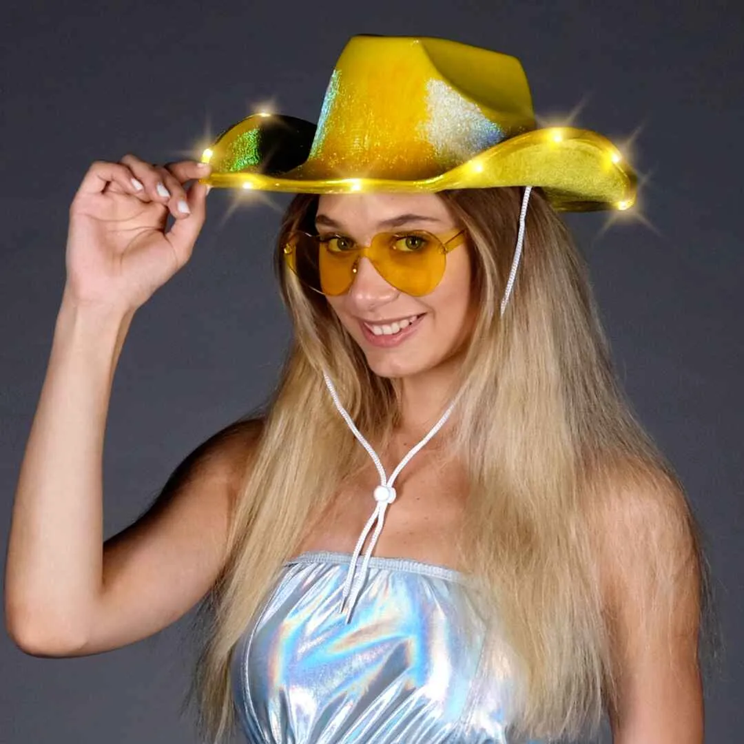 Light Up Cowboy Hat for Women - Gold Holographic Space Cowgirl Hat with Glasses - FUNCREDIBLE