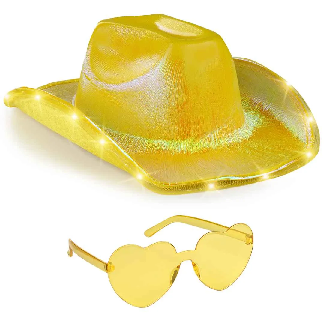 Light Up Cowboy Hat for Women - Gold Holographic Space Cowgirl Hat with Glasses - FUNCREDIBLE