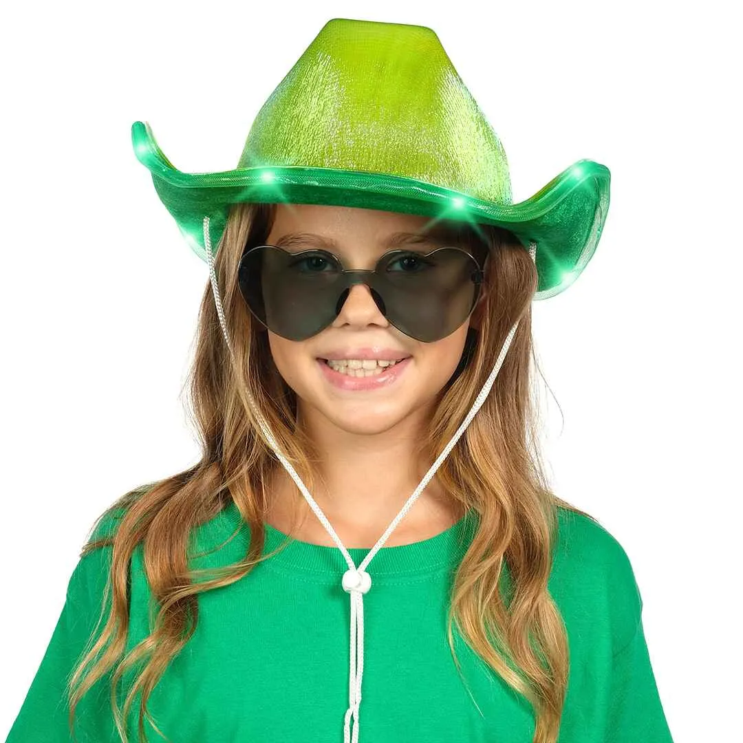 Light Up Cowboy Hat for Women - Green Holographic Space Cowgirl Hat with Glasses - FUNCREDIBLE