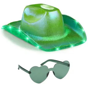 Light Up Cowboy Hat for Women - Green Holographic Space Cowgirl Hat with Glasses - FUNCREDIBLE