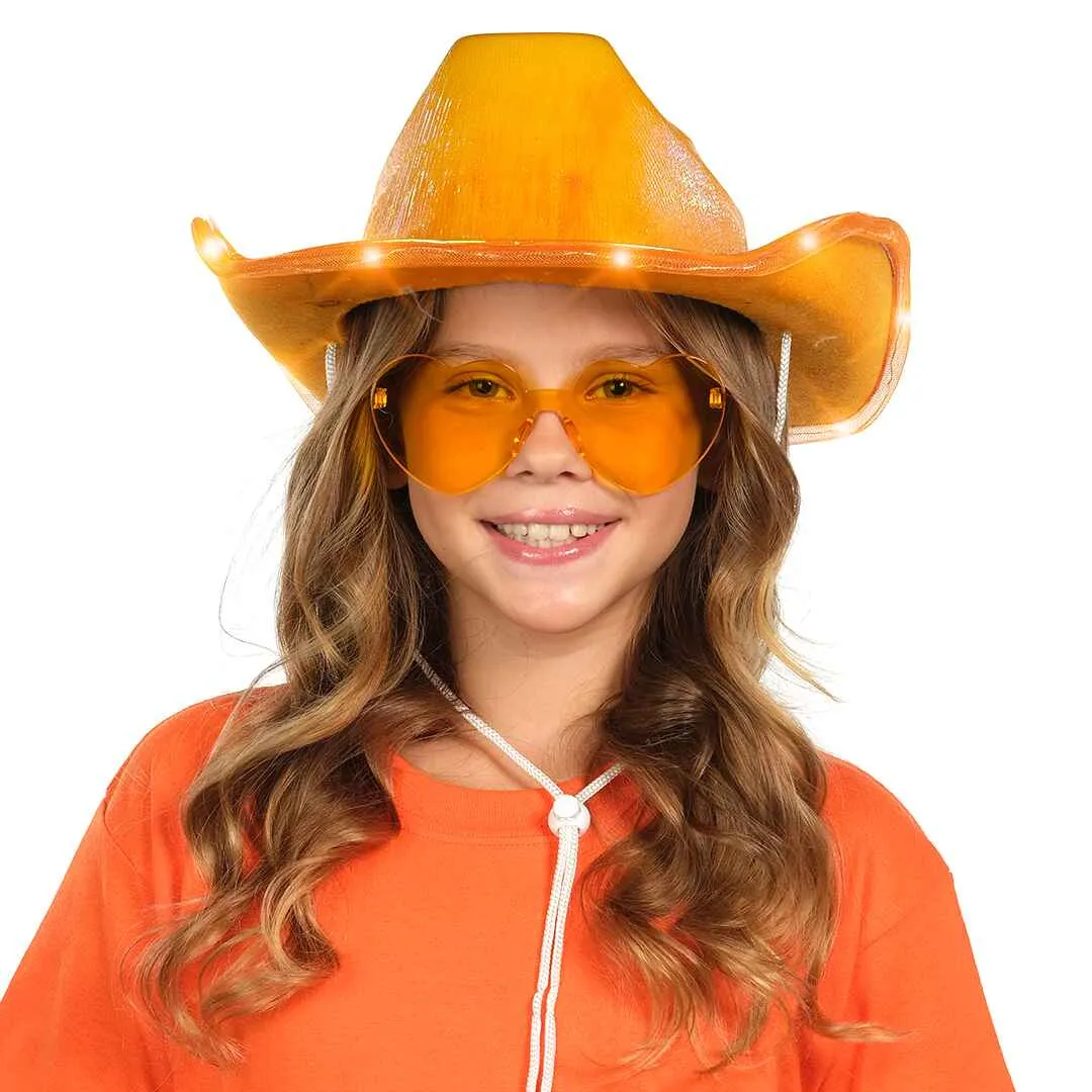 Light Up Cowboy Hat for Women - Orange Holographic  Space Cowgirl Hat with Glasses - FUNCREDIBLE