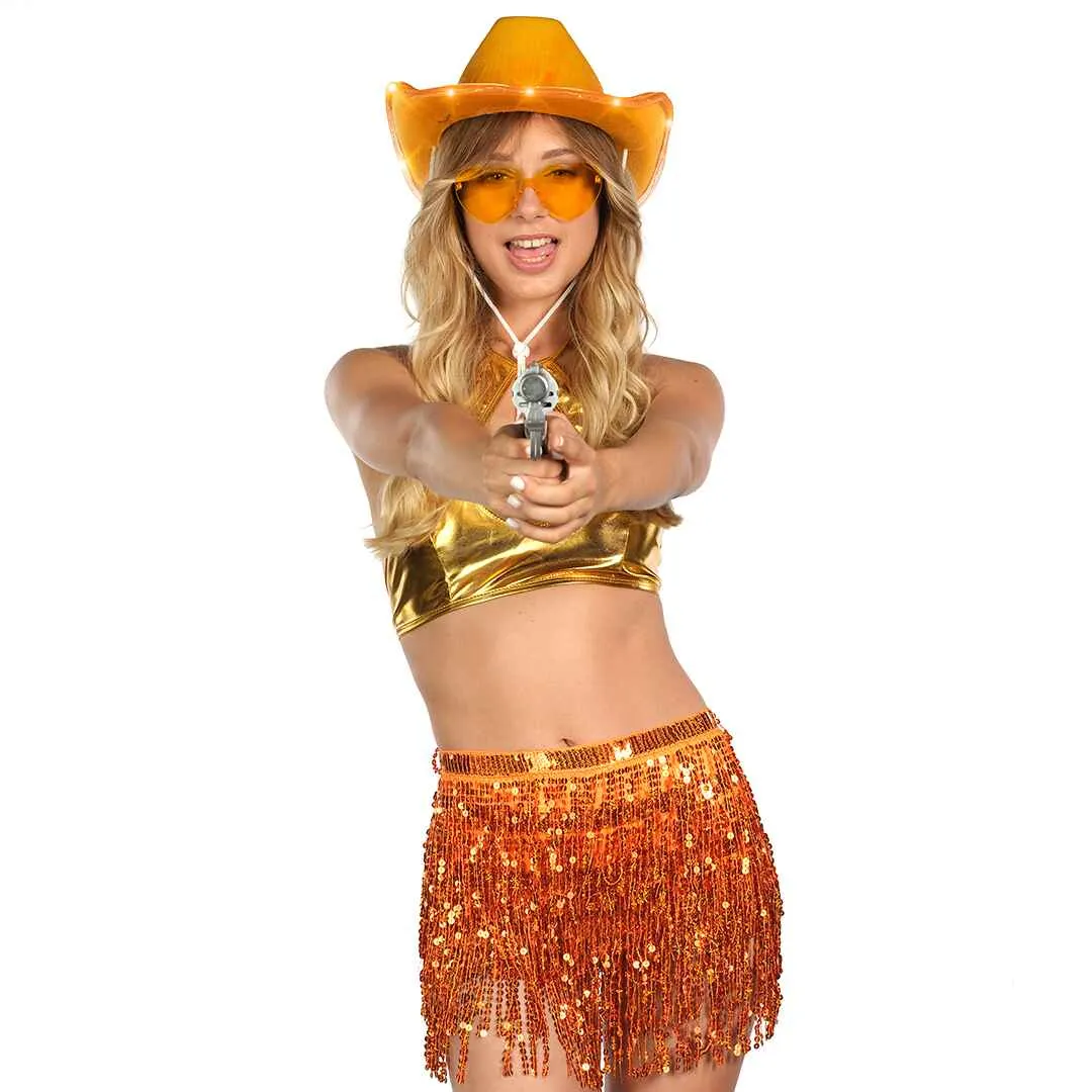 Light Up Cowboy Hat for Women - Orange Holographic  Space Cowgirl Hat with Glasses - FUNCREDIBLE