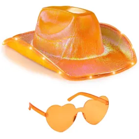 Light Up Cowboy Hat for Women - Orange Holographic  Space Cowgirl Hat with Glasses - FUNCREDIBLE