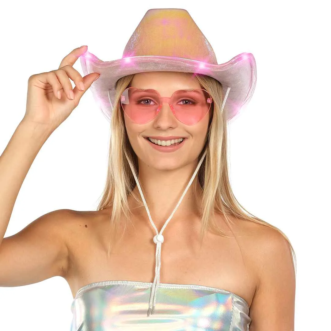 Light Up Cowboy Hat for Women - Pink Holographic Space Cowgirl Hat with Glasses - FUNCREDIBLE