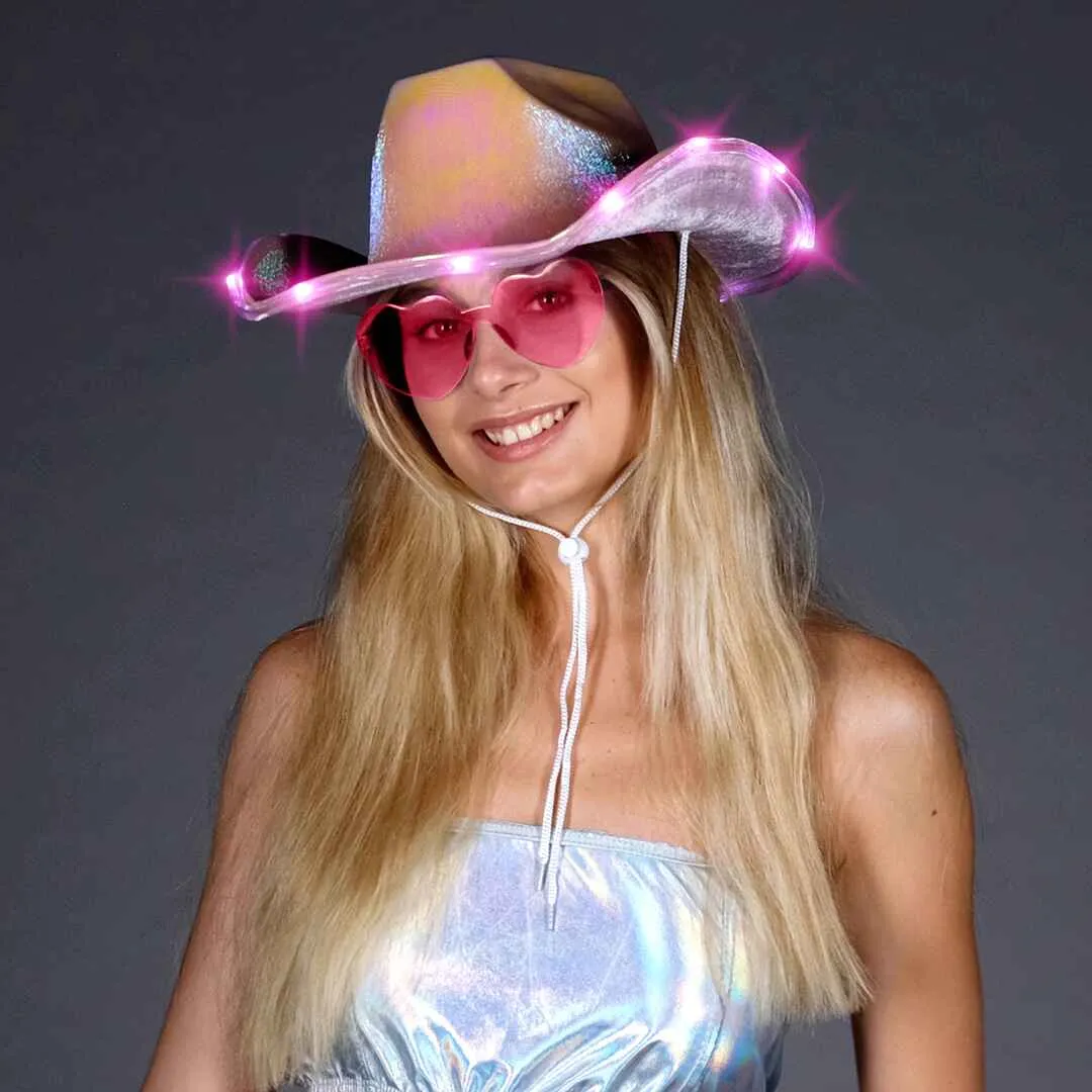 Light Up Cowboy Hat for Women - Pink Holographic Space Cowgirl Hat with Glasses - FUNCREDIBLE