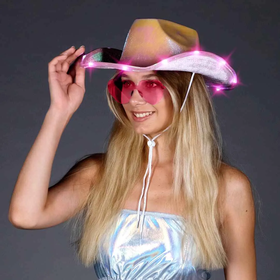 Light Up Cowboy Hat for Women - Pink Holographic Space Cowgirl Hat with Glasses - FUNCREDIBLE