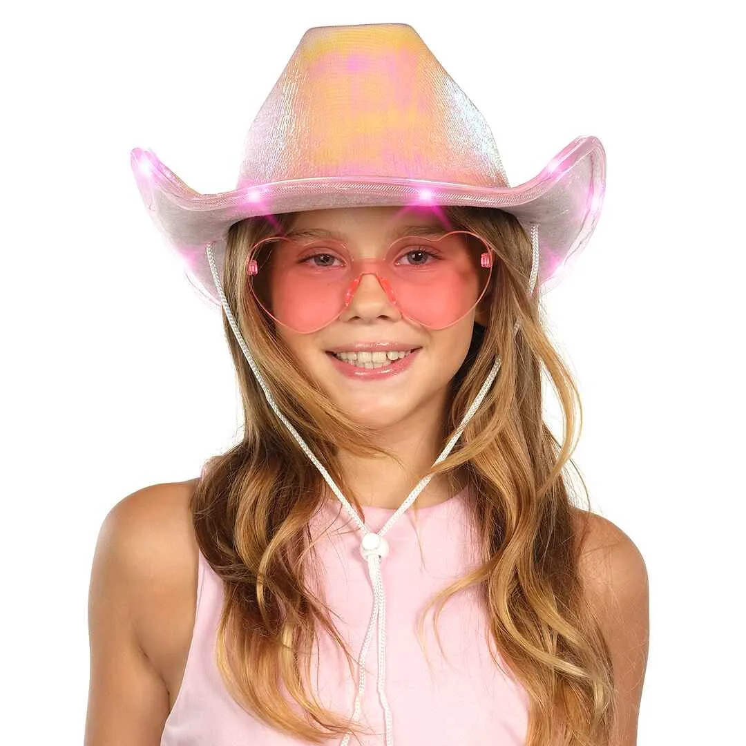 Light Up Cowboy Hat for Women - Pink Holographic Space Cowgirl Hat with Glasses - FUNCREDIBLE