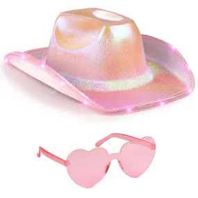 Light Up Cowboy Hat for Women - Pink Holographic Space Cowgirl Hat with Glasses - FUNCREDIBLE