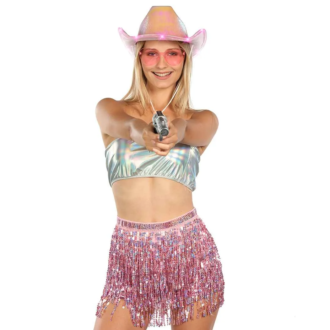 Light Up Cowboy Hat for Women - Pink Holographic Space Cowgirl Hat with Glasses - FUNCREDIBLE