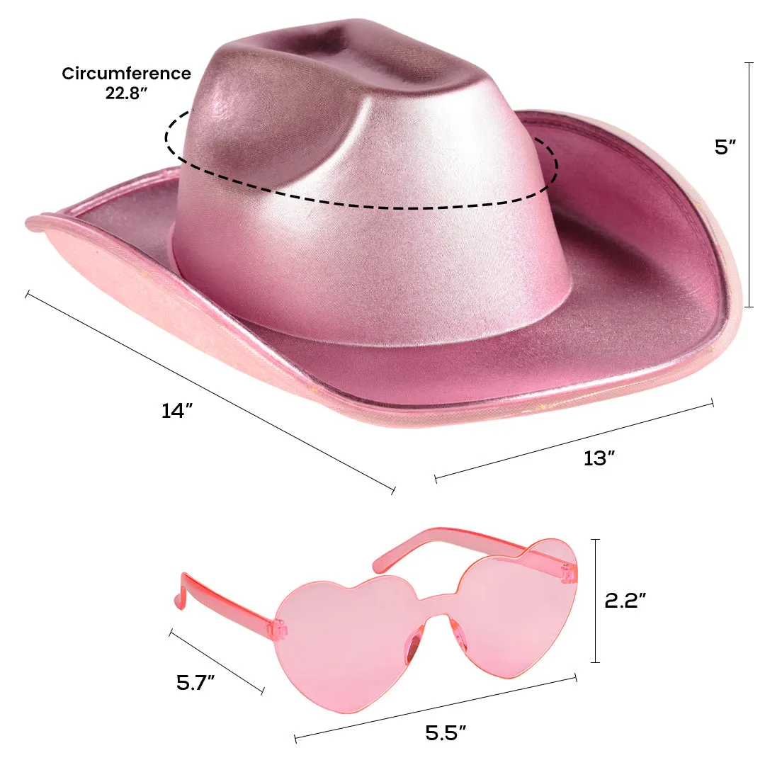 Light Up Cowboy Hat for Women - Pink Holographic Space Cowgirl Hat with Glasses - FUNCREDIBLE