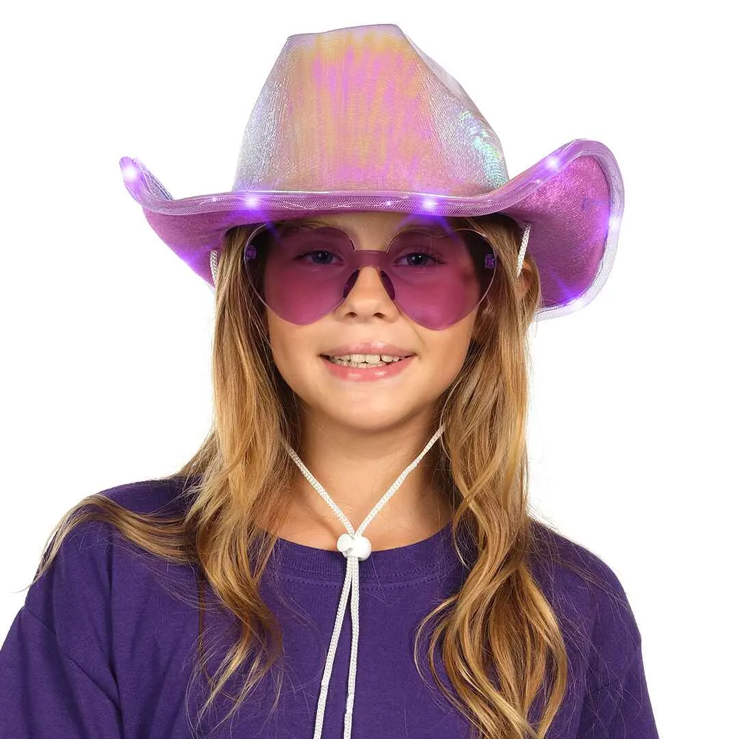 Light Up Cowboy Hat for Women - Purple Holographic  Space Cowgirl Hat with Glasses - FUNCREDIBLE