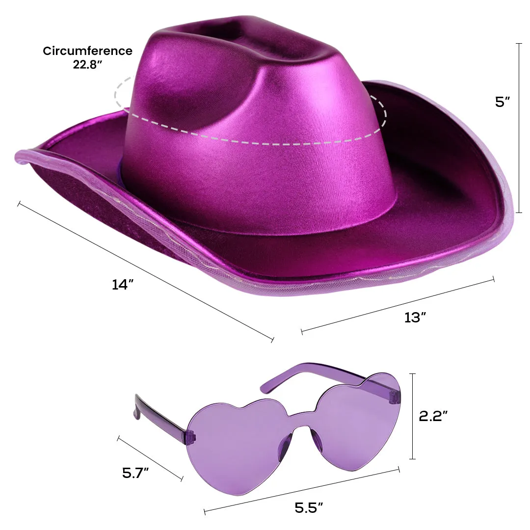 Light Up Cowboy Hat for Women - Purple Holographic  Space Cowgirl Hat with Glasses - FUNCREDIBLE