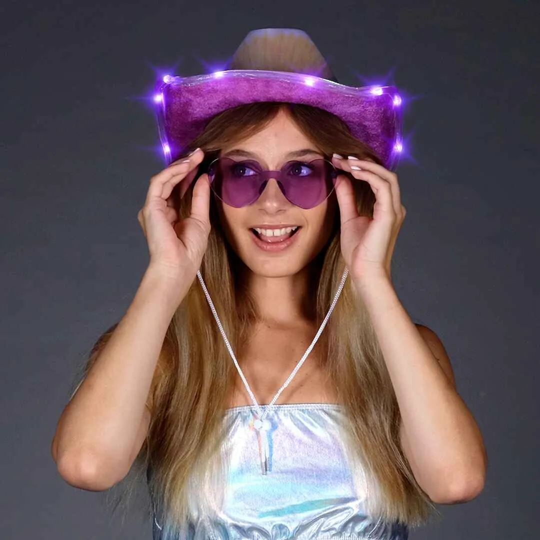 Light Up Cowboy Hat for Women - Purple Holographic  Space Cowgirl Hat with Glasses - FUNCREDIBLE