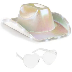 Light Up Cowboy Hat for Women - White Holographic Space Cowgirl Hat with Glasses - FUNCREDIBLE