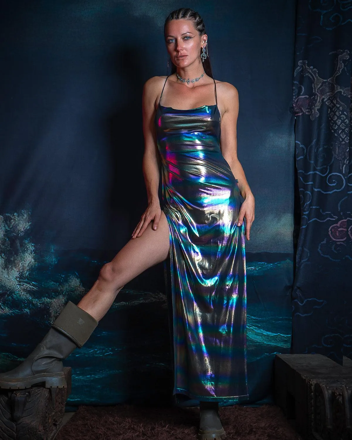 Long Bomb Dress / Holographic Rainbow- SILVER