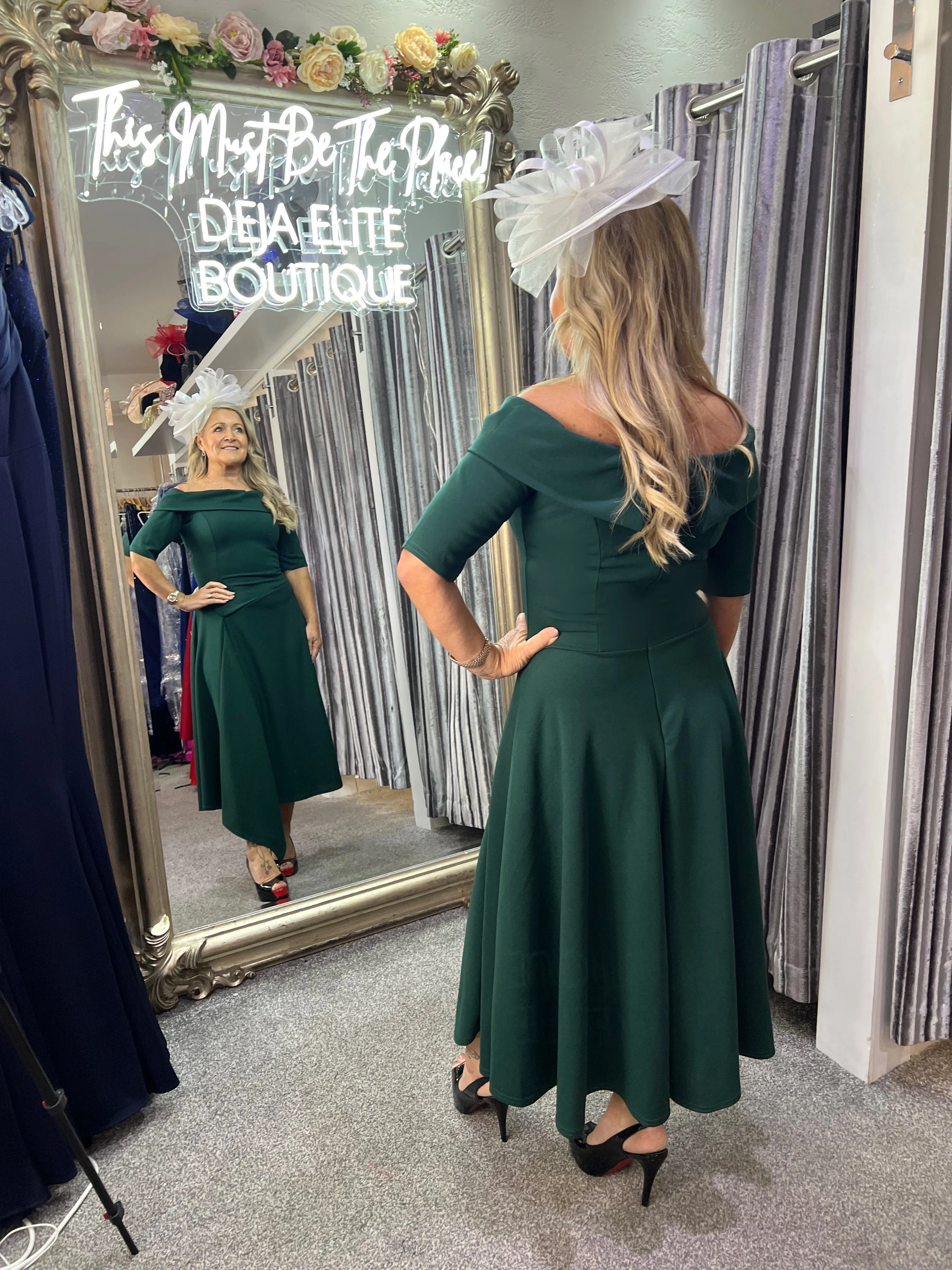 Lorelle asymmetric hemline Bardot midi skater dress in Hunter green