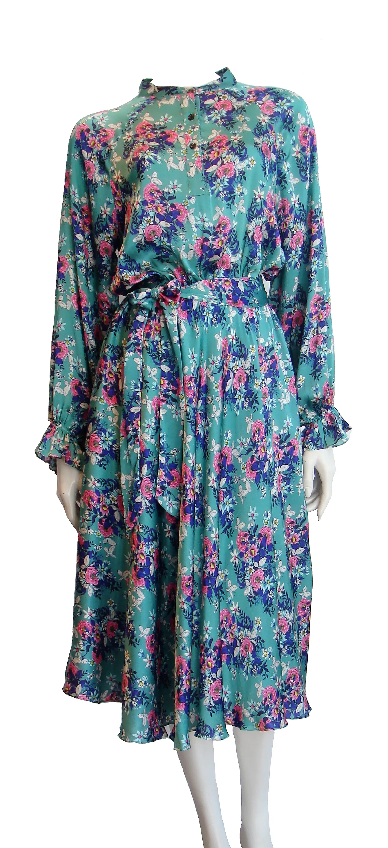 Luxurious 100% Italian Silk Satin Stretch Steel Blue Base with Pink and Violet Geranium and Butterfly Print Dress Side Pockets Separate Belt Raglan Sleeves UK Size 8 - 10 by I LOVE LOLA