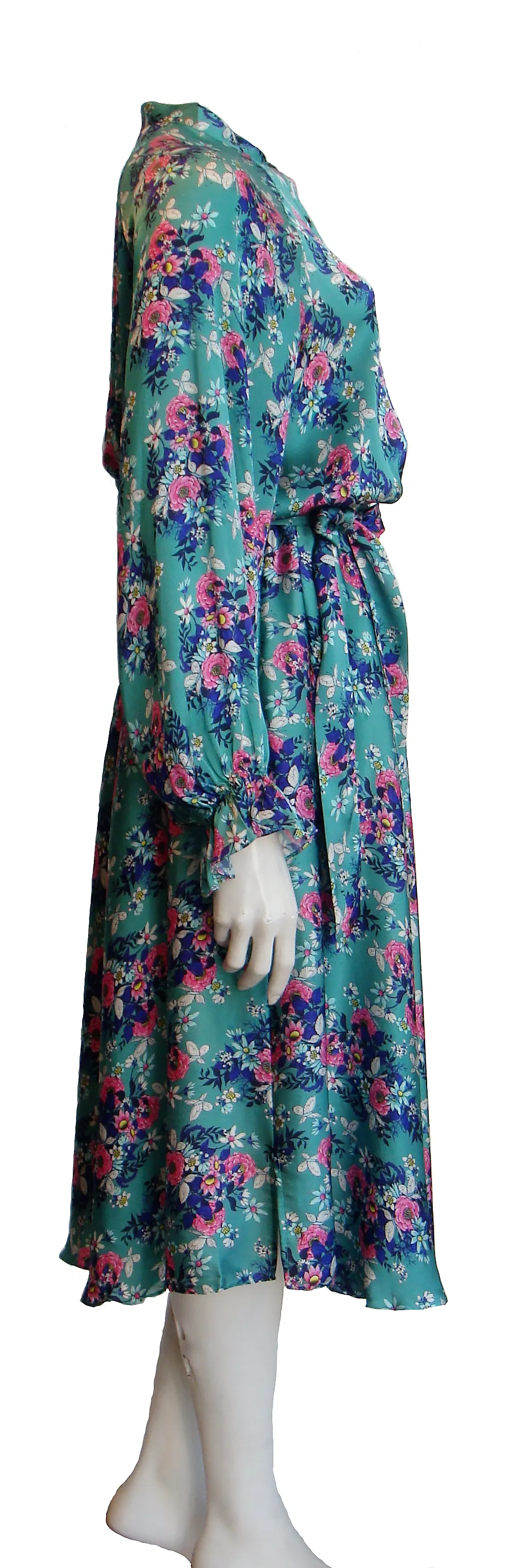 Luxurious 100% Italian Silk Satin Stretch Steel Blue Base with Pink and Violet Geranium and Butterfly Print Dress Side Pockets Separate Belt Raglan Sleeves UK Size 8 - 10 by I LOVE LOLA