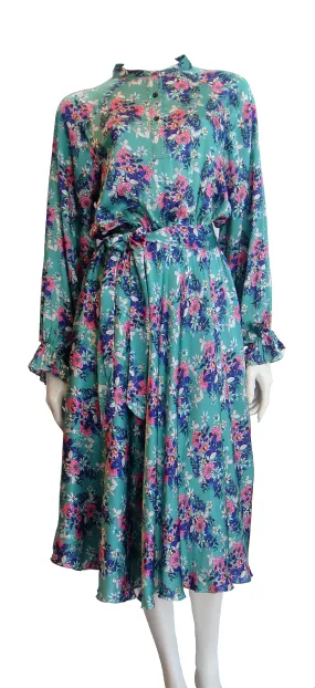 Luxurious 100% Italian Silk Satin Stretch Steel Blue Base with Pink and Violet Geranium and Butterfly Print Dress Side Pockets Separate Belt Raglan Sleeves UK Size 8 - 10 by I LOVE LOLA