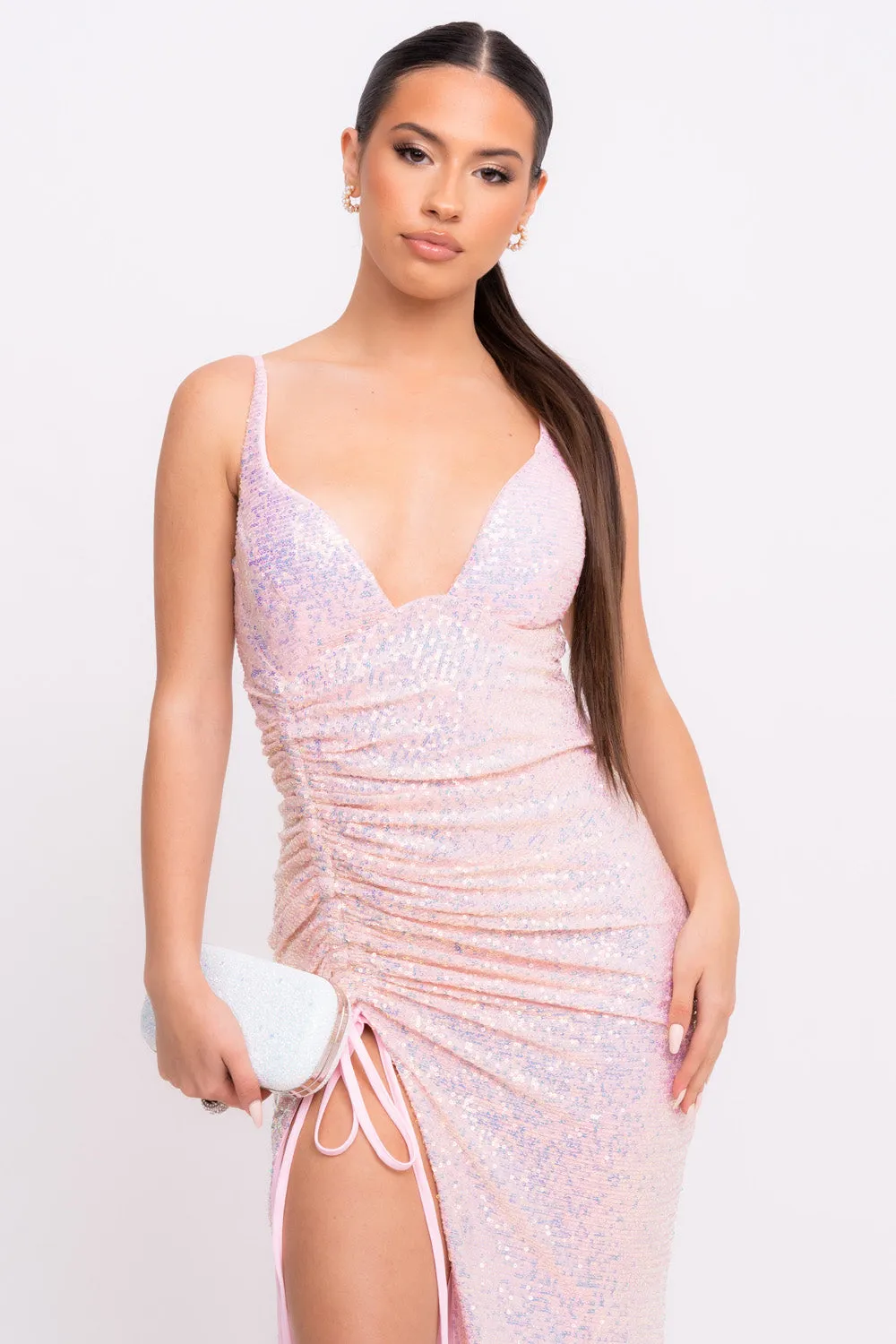 Magestic Premium Blush Pink Holographic Strappy Ruched Drawstring Slit Plunge Sequin Maxi Dress