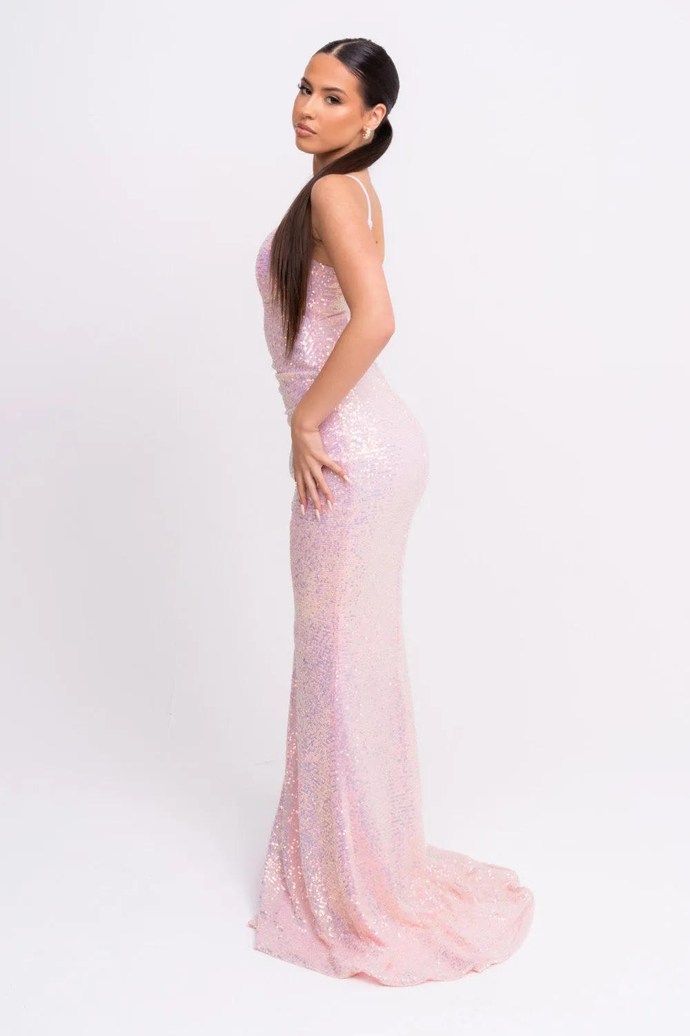 Magestic Premium Blush Pink Holographic Strappy Ruched Drawstring Slit Plunge Sequin Maxi Dress