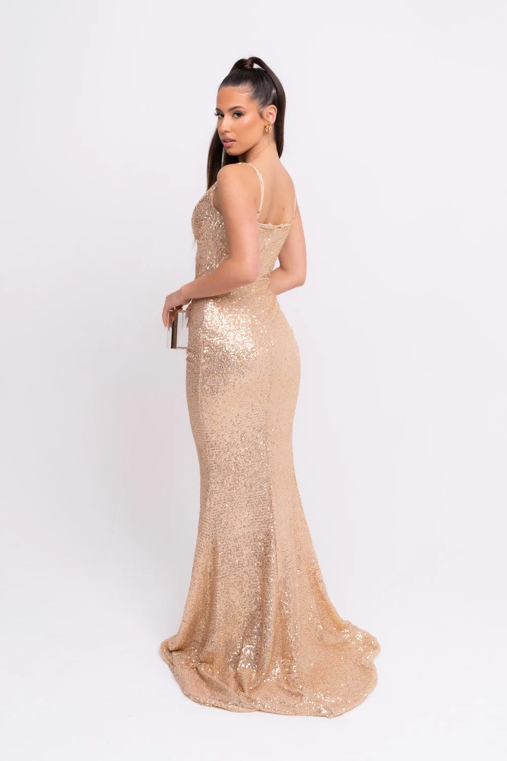 Magestic Premium Golden Holographic Strappy Ruched Drawstring Slit Plunge Sequin Maxi Dress