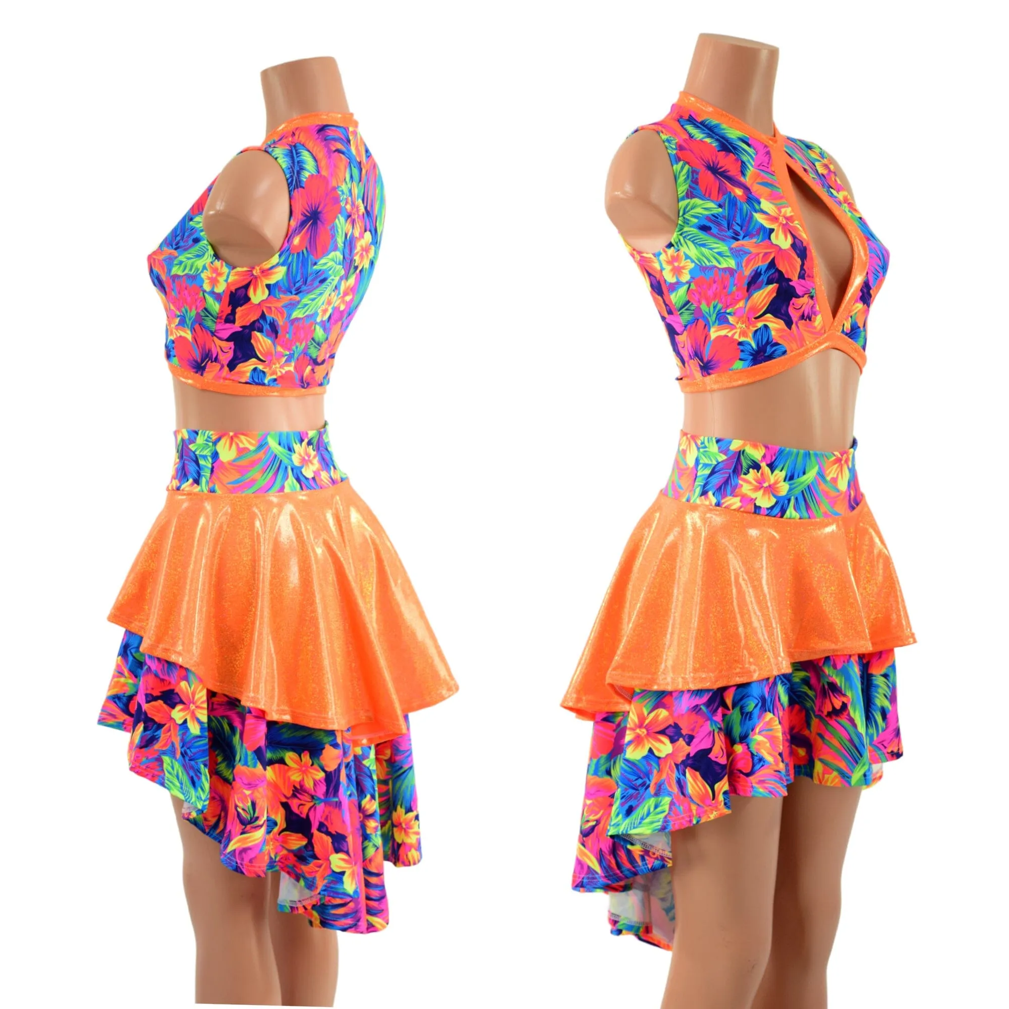 Neon Keyhole Top and Hi Lo Tiered Skirt Set