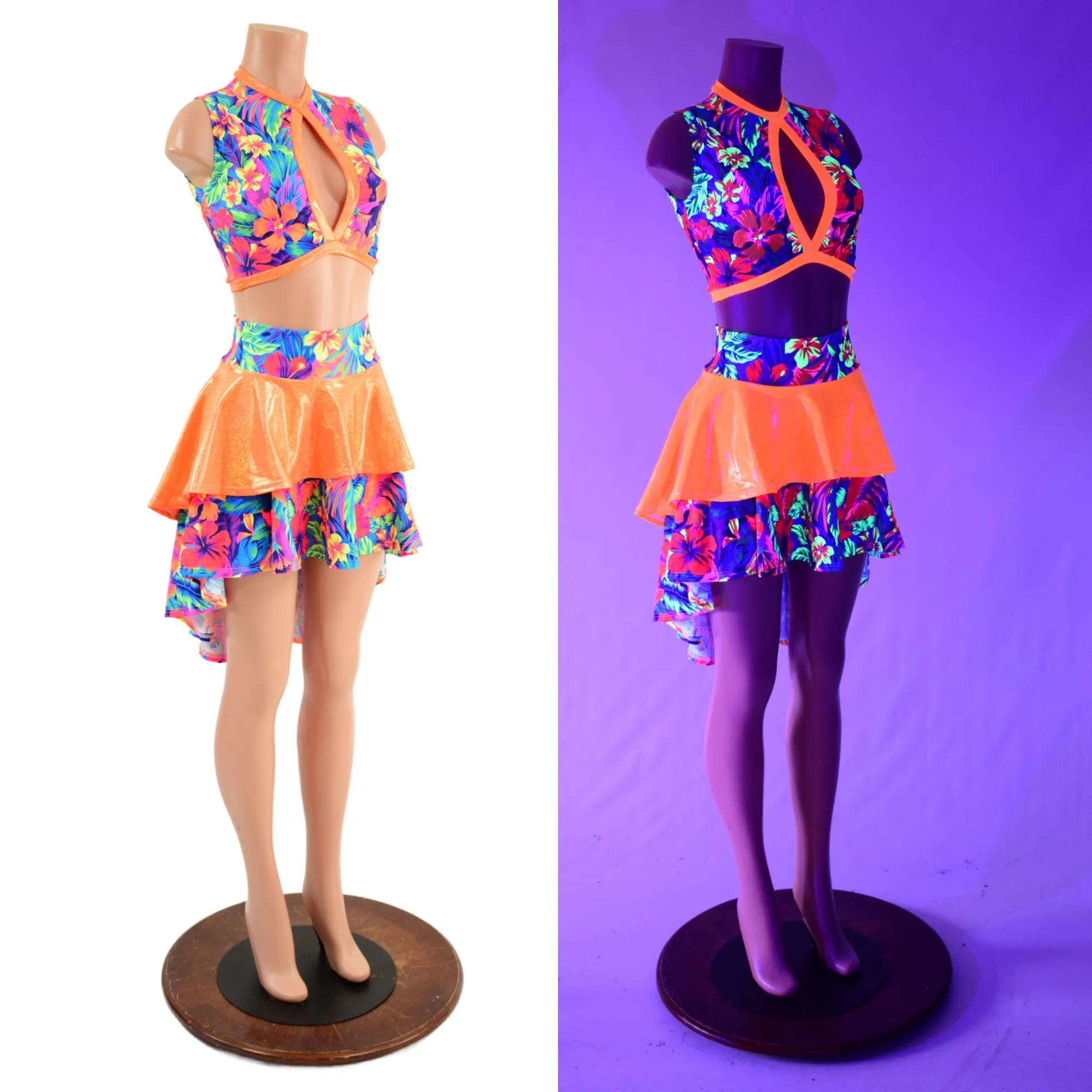 Neon Keyhole Top and Hi Lo Tiered Skirt Set