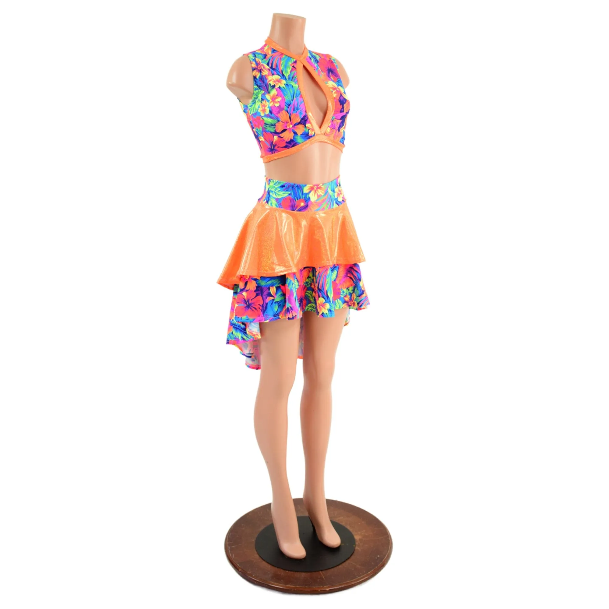 Neon Keyhole Top and Hi Lo Tiered Skirt Set