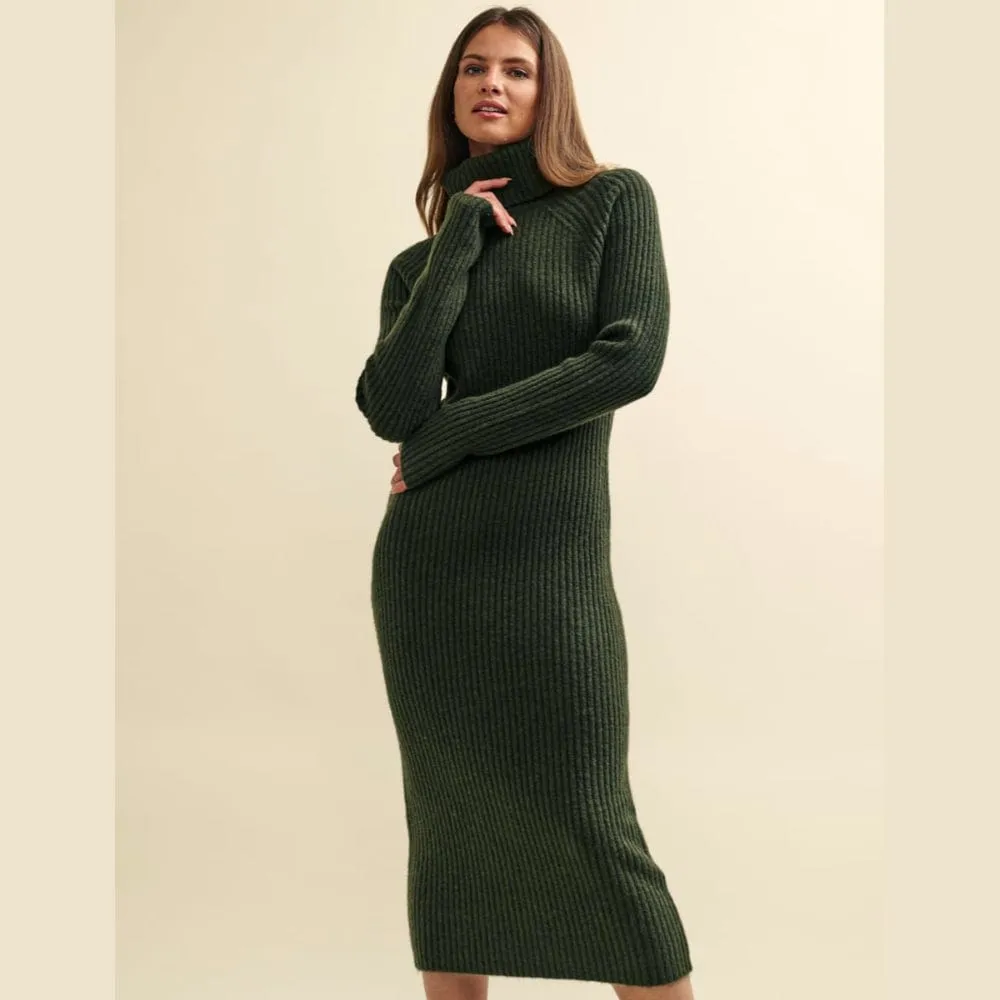 Nobody's Child Khaki Green Roll Neck Knitted Midi Dress