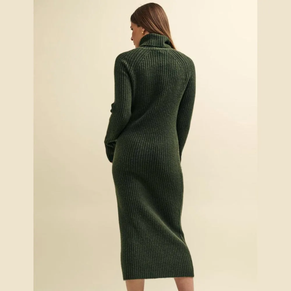 Nobody's Child Khaki Green Roll Neck Knitted Midi Dress