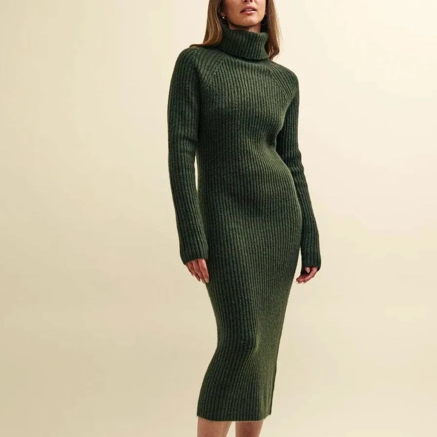 Nobody's Child Khaki Green Roll Neck Knitted Midi Dress