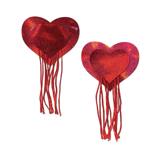 Pastease - Tassel Holographic Heart Pasties Nipple Covers O/S (Red)