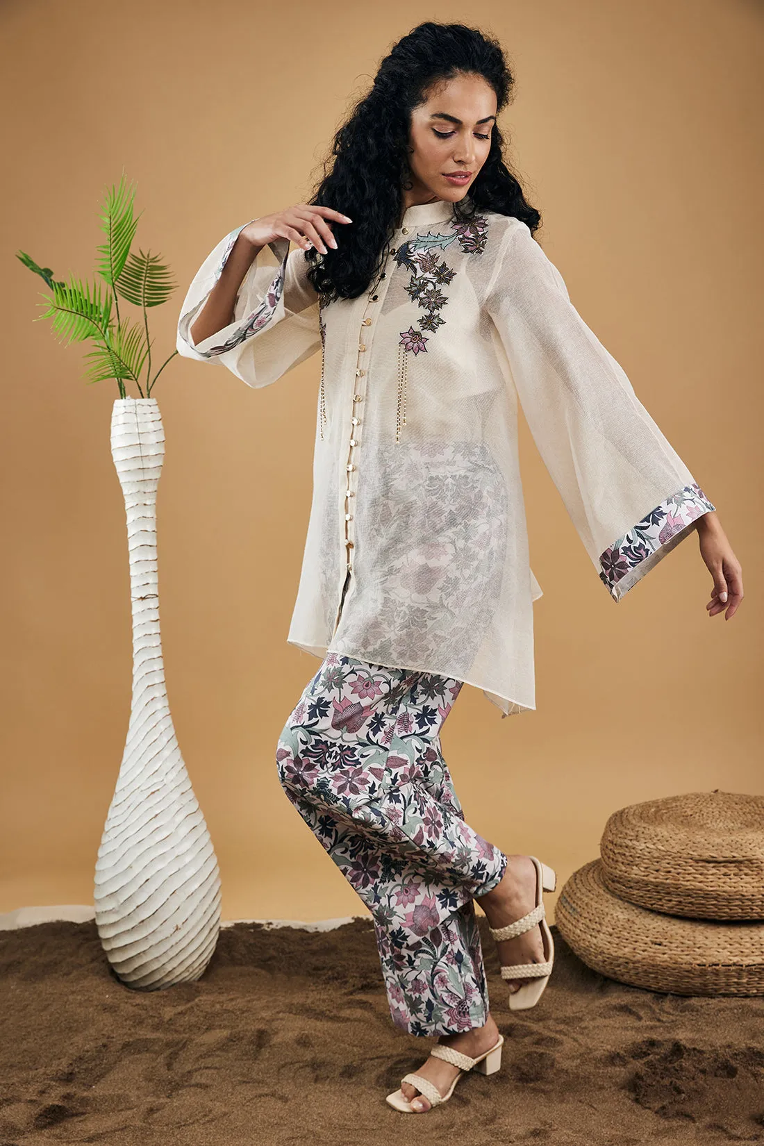 Pastel Floral Applique Top With Pants