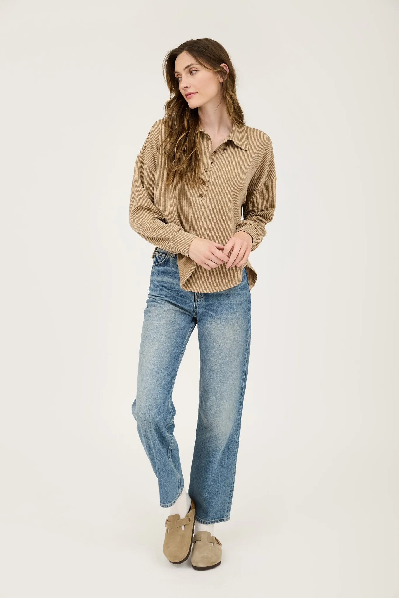 PINSTRIPE COLLARED HALF BUTTON KNIT TOP