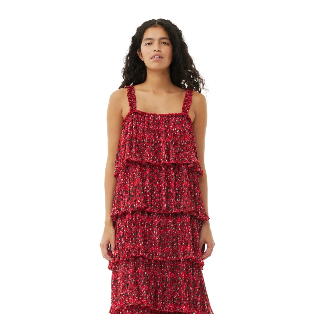 Pleated Georgette Flounce Strap Midi Dress (Racing Red)