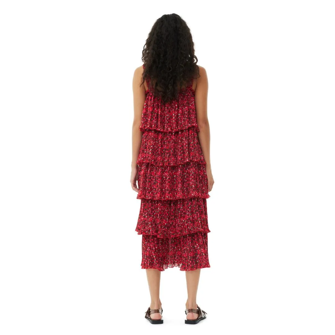 Pleated Georgette Flounce Strap Midi Dress (Racing Red)