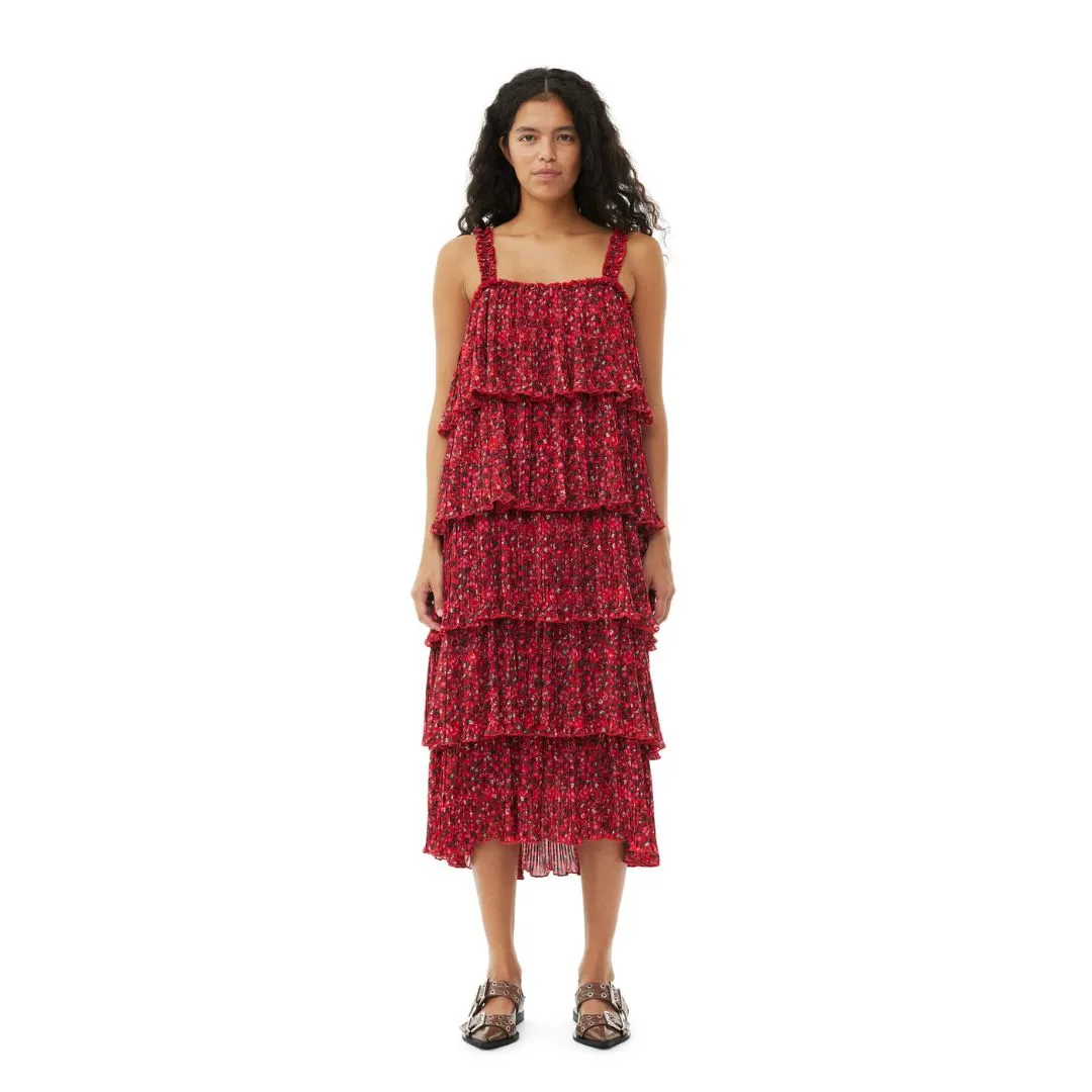 Pleated Georgette Flounce Strap Midi Dress (Racing Red)