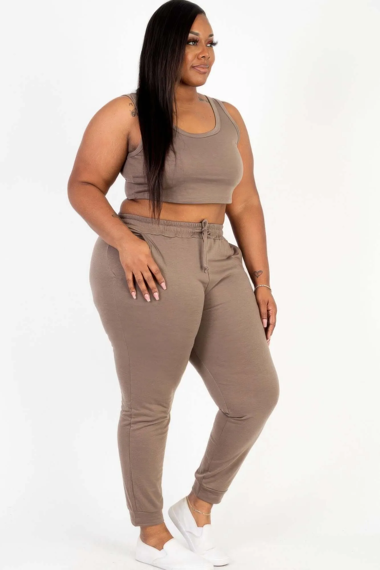 Plus Size French Terry Cropped Tank Top & Joggers Set