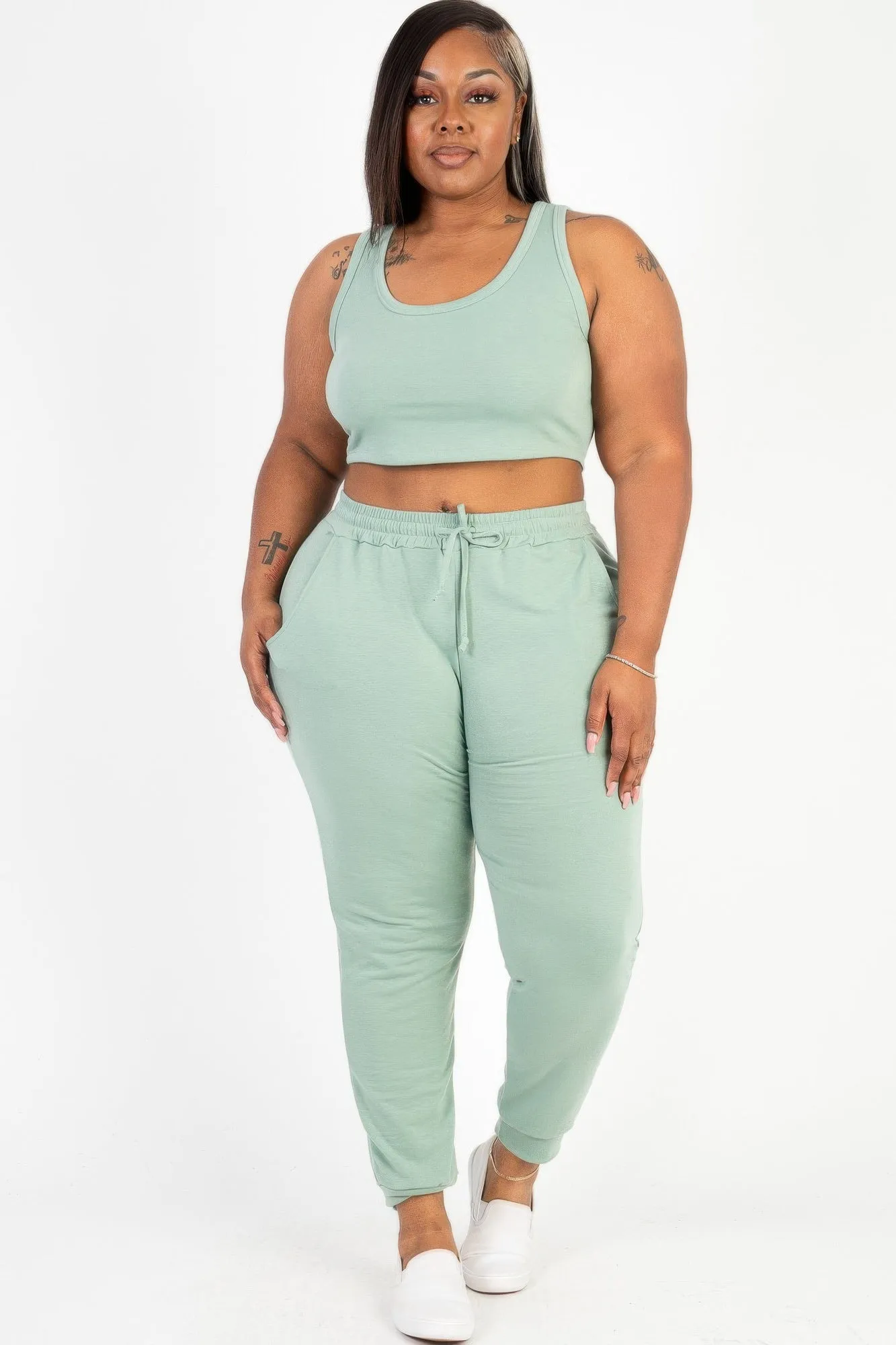 Plus Size French Terry Cropped Tank Top & Joggers Set